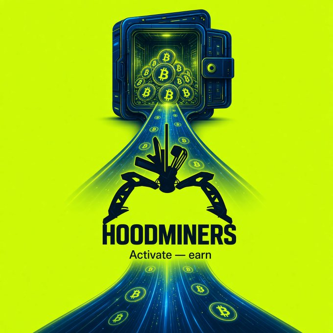 A neon yellow and blue crypto advertisement for "HOODMINERS" featuring a vault of Bitcoin symbols, the tagline "Activate — earn," and a robotic graphic.