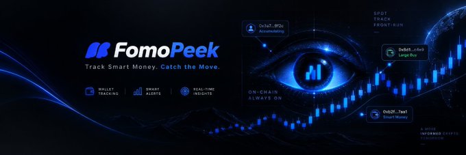 A wide promotional banner for 'FomoPeek' with the tagline 'Track Smart Money. Catch the Move,' featuring an eye, trading charts, and tracking alerts.