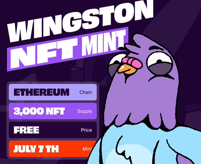 The image is a promotional graphic for the "Wingston NFT Mint," featuring a purple cartoon bird character with key details: Ethereum chain, 3,000 NFT supply, free price, and a July 7th mint date. It visually supports the post's announcement of Rally On Chain's free 3,000 NFT mint happening on July 7th, highlighting the limited supply and free entry to entice WL seekers.