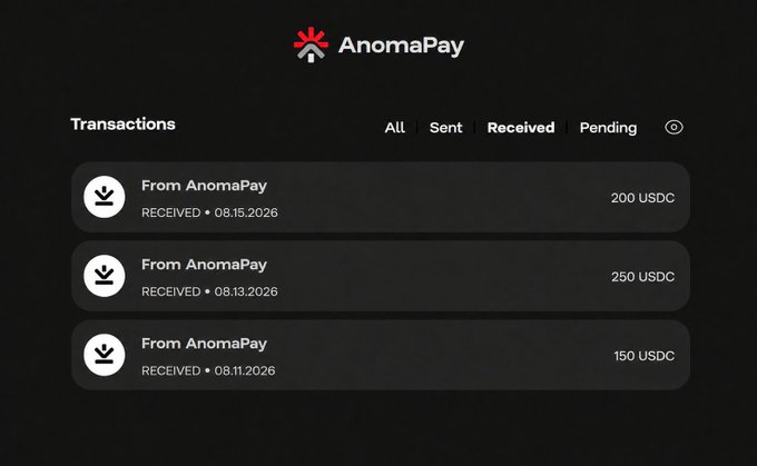 AnomaPay transaction history screenshot showing three received USDC payments totaling $600: 200 USDC (08.15.2026), 250 USDC (08.13.2026), and 150 USDC (08.11.2026). The image illustrates the privacy-focused payment experience described in the post, displaying only the amounts and dates without revealing the user's balance or other client activity.