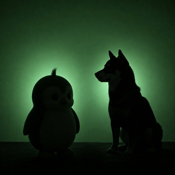 A silhouetted scene illuminated by eerie green light shows a dog sitting across from a small penguin-shaped plush toy on a dark surface.
