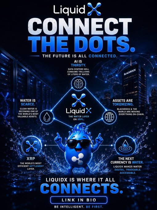 A promotional infographic for 'LiquidX' titled 'CONNECT THE DOTS' with sections about AI, XRP, water scarcity, assets tokenization, and 'LIQUIDX IS WHERE IT ALL CONNECTS. LINK IN BIO'.