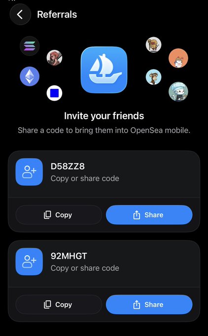 OpenSea mobile referrals screen showing 'Invite your friends' with referral codes D58ZZ8 and 92MHGT, each with Copy and Share buttons.