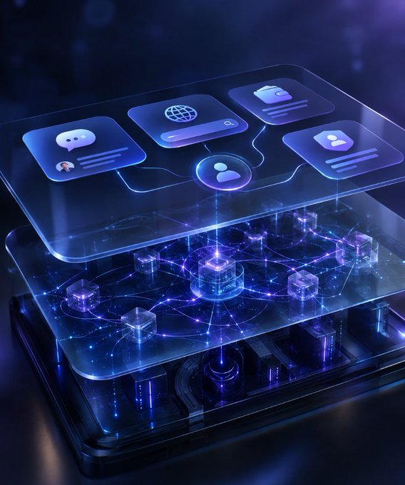 A digital illustration depicts a glowing holographic interface with chat, web, and user symbols above a network of interconnected nodes and circuitry.