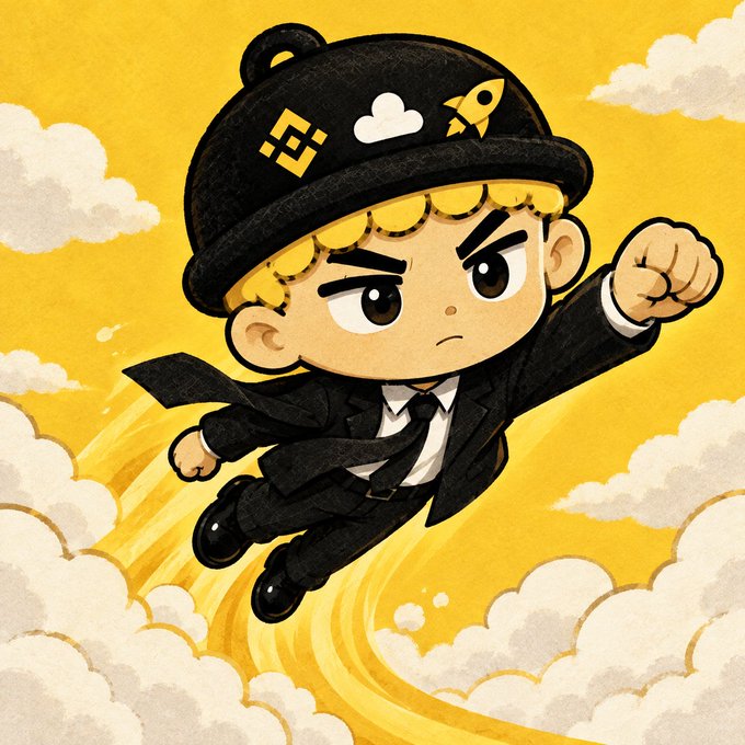 A cartoon chibi-style character wearing a black suit and a Binance-branded cap flies through yellow clouds with a determined expression and raised fist.