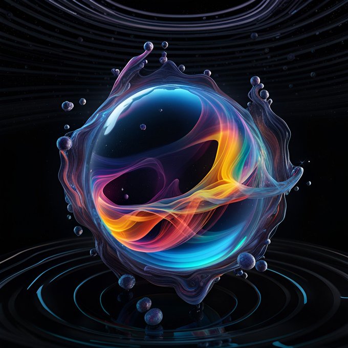 A vibrant digital artwork featuring a glossy, fluid sphere with rainbow colors swirling through a dark translucent orb, surrounded by floating droplets against a black background.