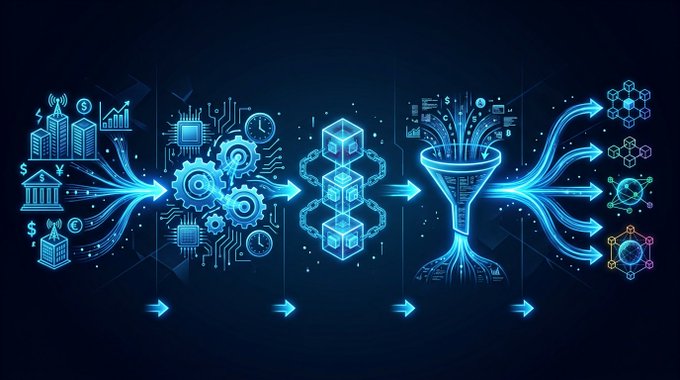 A blue neon-style digital infographic illustrating a process flow from buildings and money icons, through gears and data blocks, into a funnel, and outputting into various network and data symbols.