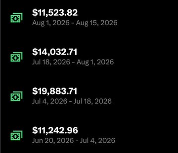 A dark screen displaying financial payment entries in green: $11,523.82 (Aug 1-15, 2026), $14,032.71 (Jul 18-Aug 1, 2026), $19,883.71 (Jul 4-18, 2026), and $11,242.96 (Jun 20-Jul 4, 2026).