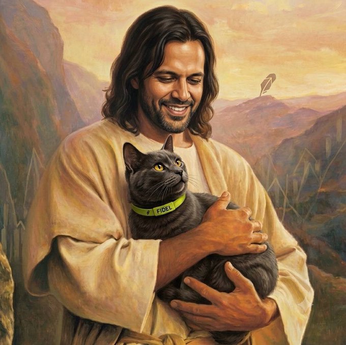 A painting-style image depicts a smiling Jesus-like figure cradling a black cat wearing a green collar labeled "FIDEL," set against a scenic mountainous backdrop. The artwork thematically promotes the $FIDEL token (Robinhood Cat) as a follow-up opportunity to $CASHCAT on the Robinhood chain, with the cat replacing a traditional sacred figure to symbolize FIDEL's rising meme momentum.