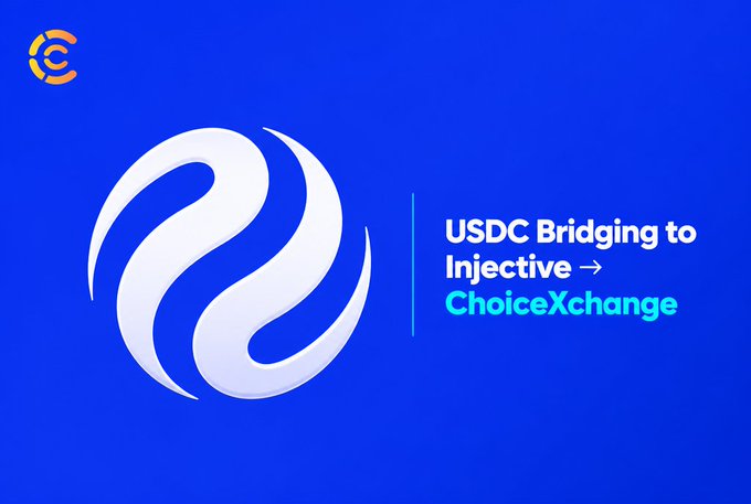 A bright blue graphic shows the white Sui logo beside the text “USDC Bridging to Injective → ChoiceXchange,” with “ChoiceXChange” highlighted in green.