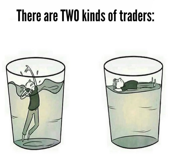 A meme captioned 'There are TWO kinds of traders:' showing a person drowning while standing upright in a glass of water on the left, and a person floating peacefully on their back in a similar glass on the right.