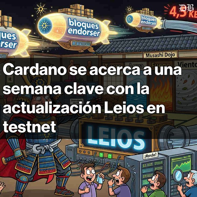 The image features a cartoon illustration of a man dressed as a samurai with a sword, surrounded by other characters who appear to be engaged in various activities such as fighting or preparing for battle. The scene takes place within a building that has a sign reading "Leios Leios". In the background, there are several airplanes flying overhead and a large machine labeled "Leios Leios" is visible. The image also includes text that reads: "Cardano se prepara para su testnet de Leios, una actualización histórica. Se promete que el rendimiento a testnet se prevé para finales de junio, en cinco fases en Musashi Dojo". The post suggests that the image is related to a test or experiment involving the character "Cardano" and his sword, possibly as part of a larger project or study.