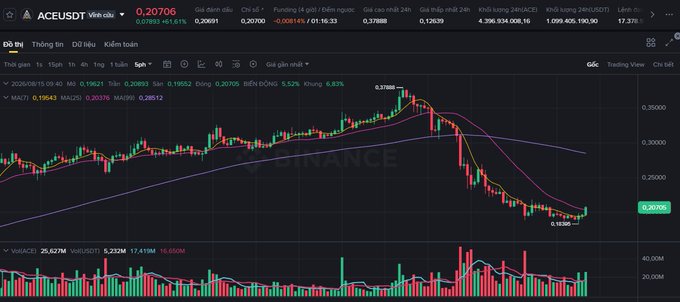 A Binance trading chart for ACE/USDT priced at 0.20706, showing a downward trend with MA indicators and a current price highlighted at 0.20500.