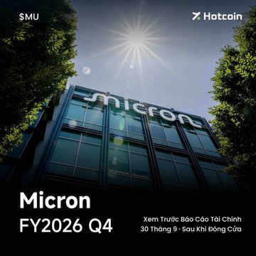 The image shows a Micron corporate building with the company's logo prominently displayed on the glass facade, set against a backdrop of trees and bright sunlight, with "SMU" and "Hotcoin" logos in the corners. The text "Micron FY2026 Q4" appears alongside Vietnamese text referencing the financial report and post-closing date of September 30, aligning with the post's announcement of $MU's upcoming earnings release and Wall Street's expectations.