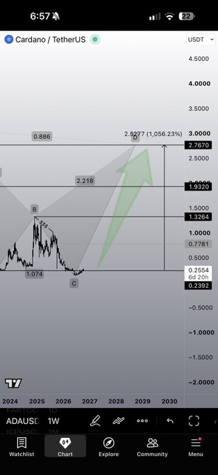 A TradingView chart shows ADA/USDT with a bullish Elliott Wave analysis targeting $2.767 (1,056% upside) by 2029-2030, aligning with the post's optimism about an upcoming Cardano pump. The chart displays clear wave structures with a projected green arrow indicating significant upward movement from current levels near $0.255.