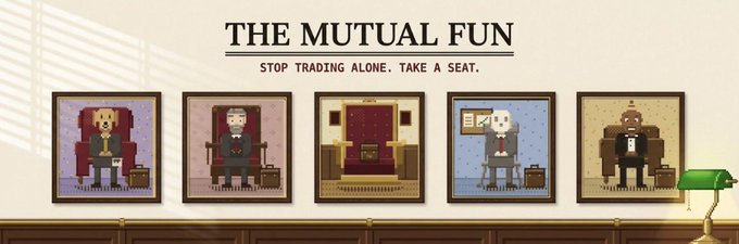 Banner for 'THE MUTUAL FUN' featuring the tagline 'STOP TRADING ALONE. TAKE A SEAT.' above five pixel-art portraits of characters.