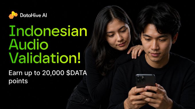 A promotional banner for DataHive AI featuring a man and woman looking at a smartphone together, with text announcing "Indonesian Audio Validation!" and offering up to 20,000 $DATA points for completing the mission of rating short Indonesian voice recordings.