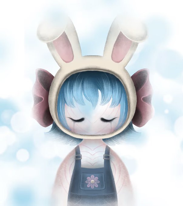 A digital illustration of a character with blue hair wearing a white bunny-eared hat with pink bows and blue overalls, set against a bokeh background.