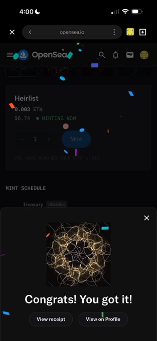 The image shows an OpenSea confirmation pop-up reading "Congrats! You got it!" for minting the "Heirlist" NFT at 0.003 ETH, with confetti animation indicating a successful mint. This aligns with the post about minting an "inheritance" NFT, showing the user just completed the minting process on the platform.