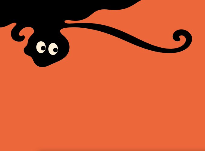 An orange background features a black silhouette with two white eyes and a long, curling tail-like appendage extending to the right.