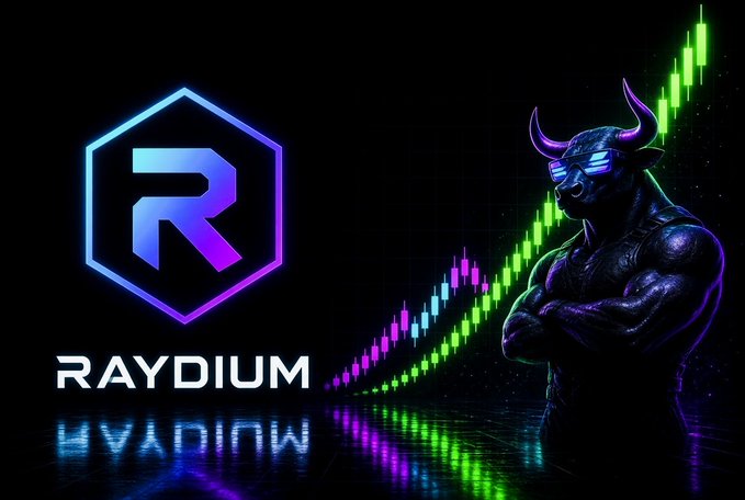 Image 9: A promotional graphic displays the 'RAYDIUM' logo next to a muscular bull character wearing sunglasses, set against a rising green candlestick chart on a black background.