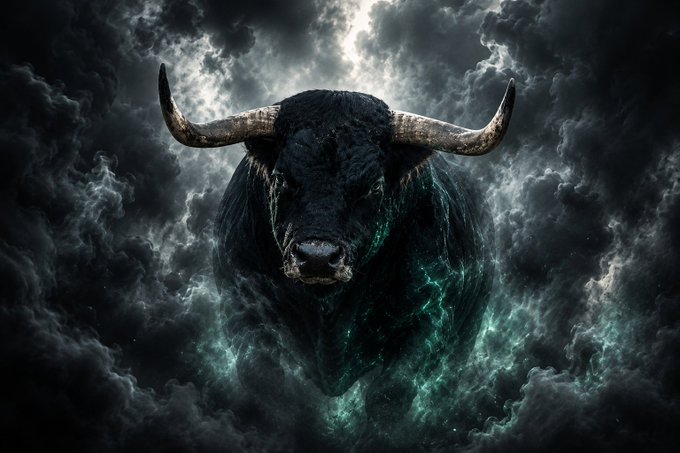 A massive black bull with large horns emerges from swirling dark storm clouds, illuminated by ethereal teal-green energy crackling around its head and shoulders. The image powerfully symbolizes strength, conviction, and unstoppable momentum—mirroring the post's message that true crypto value comes from strong communities rather than just liquidity or trading volume, with $ANSEM positioned as a bullish force driven by dedicated believers.