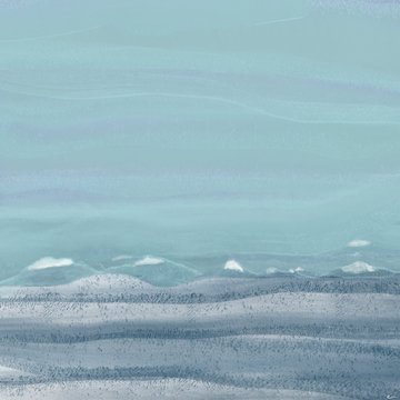 A serene, stylized digital seascape with soft teal waves rolling toward a textured shore under a hazy sky, evoking a peaceful evening mood fitting the artist's "Good Evening" greeting. This minimalist composition is presented as a 1/1 edition on OBJKT and Transient, underscoring its unique, tranquil beauty.