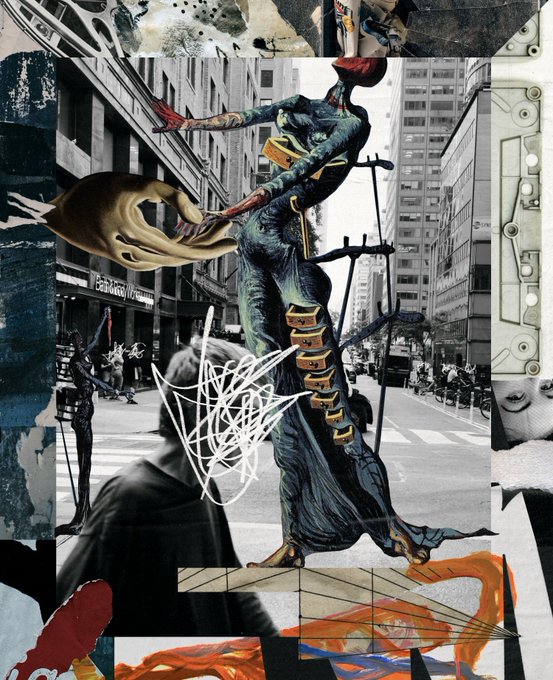 A digital collage titled "The Reach That Falters" depicts a tall, dark figure in flowing robes with gold accents stretching forward in a city street, accompanied by a smaller shadowed figure below and chaotic white scribbles, with no other legible text beyond what is shown. The fragmented, layered composition with its urban backdrop and surreal forms visually embodies the title's suggestion of a strained or failing grasp.