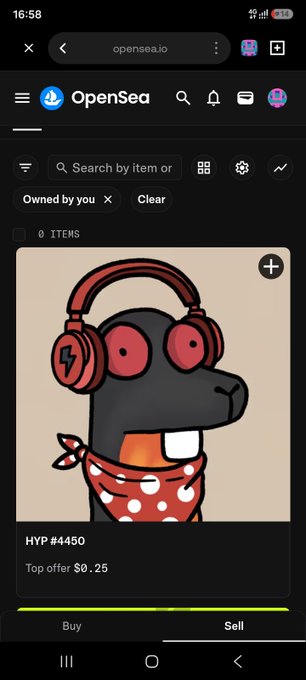 OpenSea mobile app interface showing an NFT listing for 'HYP #4450', featuring a pixelated black beaver wearing red headphones and a red polka-dot bandana, with a top offer of $0.25.