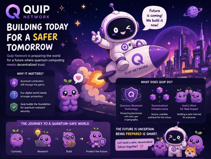 An infographic for 'Quip Network' titled 'Building Today for a Safer Tomorrow,' featuring an astronaut character declaring 'Future is coming! We build it now!' The graphic explains why quantum-resistant technology matters and outlines their offerings including Quantum-Resistant Technology, Decentralized Infrastructure, and Useful Work for Real Impact.