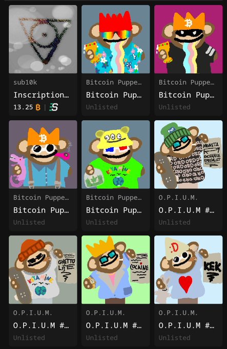A grid of NFT marketplace listings displays various Bitcoin Puppe and O.P.I.U.M. collection artworks featuring cartoon monkey characters with different accessories, alongside a sub10k Inscription item.