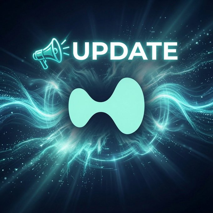 Digital graphic with "UPDATE" text and a megaphone icon above a teal bowtie-like shape, set against a dynamic blue background with glowing light streaks.