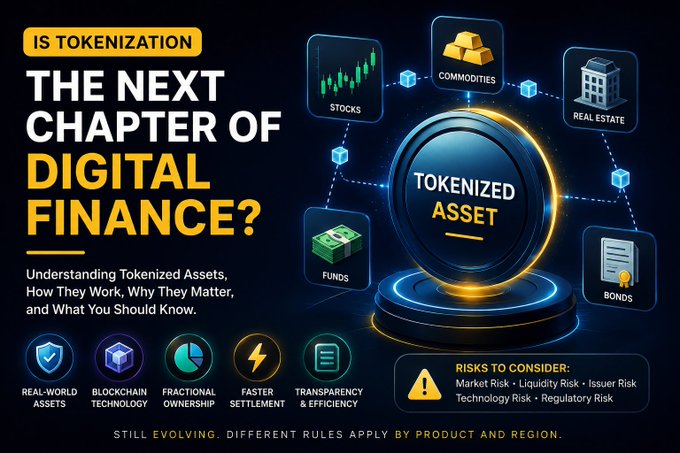 This image visually explains tokenization, a process of representing assets like stocks, commodities, real estate, funds, and bonds as digital tokens, asking if it's the next chapter of digital finance. It also highlights key benefits and risks associated with this evolving concept.