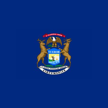 The flag of Michigan, featuring a dark blue field with the state coat of arms—showing a bald eagle, elk, and moose surrounding a shield with a man and the Latin motto "Tuebor" ("I will defend") above "E Pluribus Unum" and "Si Quaeris Peninsulam Amoenam Circumspice" ("If you seek a pleasant peninsula, look about you")—represents the state where the Michigan State Retirement Fund is based, which recently boosted its Strategy (MSTR) holdings by 141% to 14,000 shares.