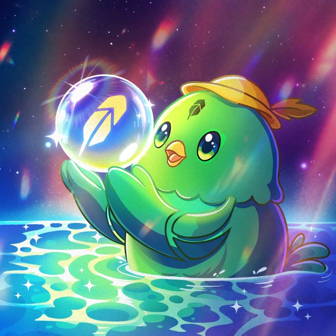 A digital illustration of a cute green bird-like creature wearing a yellow cap, holding up a glowing crystal ball containing the Solana logo (an upward arrow). The character stands in shimmering water against a cosmic purple and blue starry background.