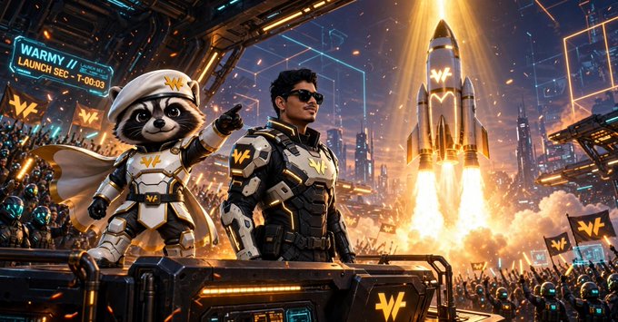 A vibrant sci-fi digital illustration showing a raccoon in a space suit and helmet standing next to a person in futuristic armor, both pointing toward a launching rocket, with a crowd cheering in the background and 'W' logos visible on the rocket and screen.