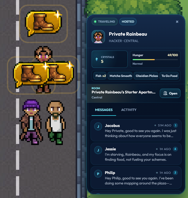 Pixel art video game screenshot showing a street scene with characters and golden boot items, alongside a UI panel for 'Private Rainbeau' (HACKER · CENTRAL) displaying stats including Hunger 49/100 and messages from Jacobus, Jessie, and Philip