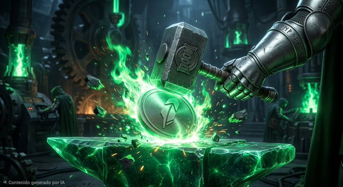 An AI-generated fantasy scene (labeled 'Contenido generado por IA') featuring a large hammer striking a glowing green coin-like object on an anvil, with 'XRP' visible on the hammer.