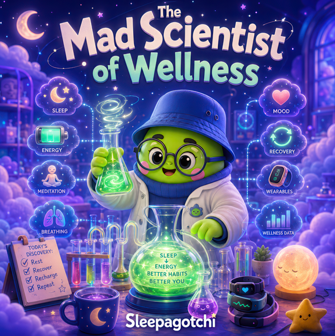 The image is a vibrant, whimsical illustration of a green cartoon character in a lab coat and bucket hat, holding a glowing flask of green liquid, with the title "The Mad Scientist of Wellness" and the brand "Sleepagotchi" displayed. The character is surrounded by cloud-shaped icons representing various wellness metrics—Sleep, Mood, Energy, Recovery, Meditation, Wearables, Breathing, and Wellness Data—while a chalkboard lists "Today's Discovery: Rest, Recover, Recharge, Repeat," and a central potion flask reads "SLEEP + ENERGY = BETTER HABITS, BETTER YOU," directly visualizing the post's theme of transforming everyday wellness signals into a cycle of better sleep, energy, and habits.