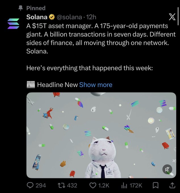 A pinned tweet from Solana (@solana) discussing a '$15T asset manager,' a '175-year-old payments giant,' and 'a billion transactions in seven days,' accompanied by an image of a white cat in a lab coat among floating 3D objects.