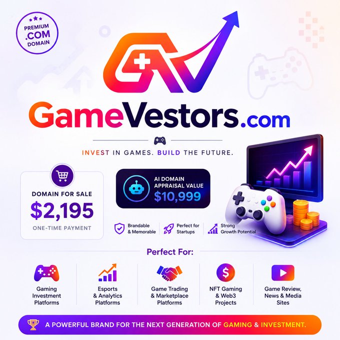 A promotional graphic for the premium domain GameVectors.com, showing it is for sale for $2,195 with an AI appraisal value of $10,999, positioned for gaming investment and trading platforms.