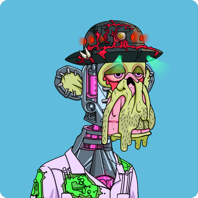 A grotesque cartoon figure with a melting face, glowing green eyes, and a spiked helmet has its head and neck replaced with exposed mechanical and brain-like components, wearing a white shirt with green slime stains.