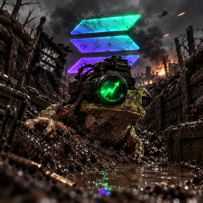 A digital illustration of a frog wearing a military night-vision scope in a muddy battlefield setting, with a glowing Solana logo above it.