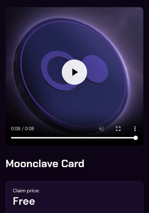 A product card titled 'Moonclave Card' with a purple video thumbnail showing a play button, a duration of 0:08/0:08, and a 'Claim price: Free'.