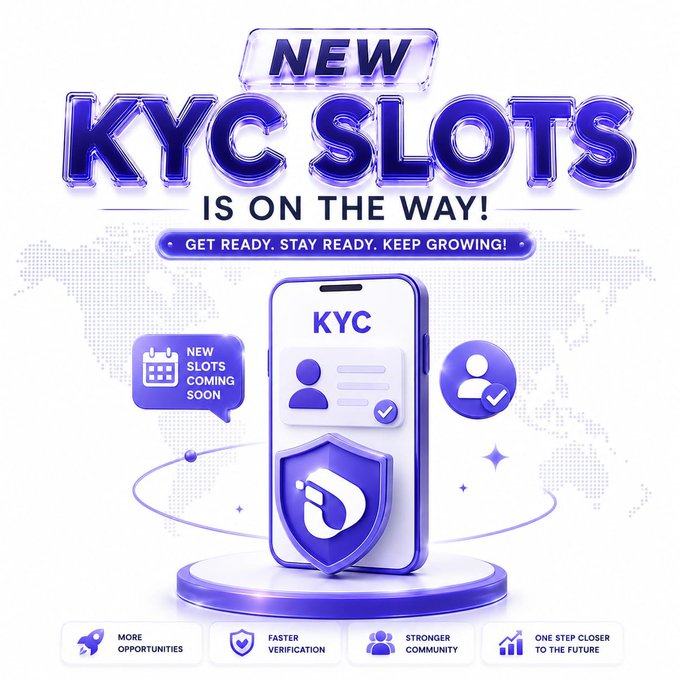 A promotional graphic with purple/blue 3D text reading 'NEW KYC SLOTS IS ON THE WAY!' featuring a smartphone displaying a KYC verification interface with the logo 'p'.