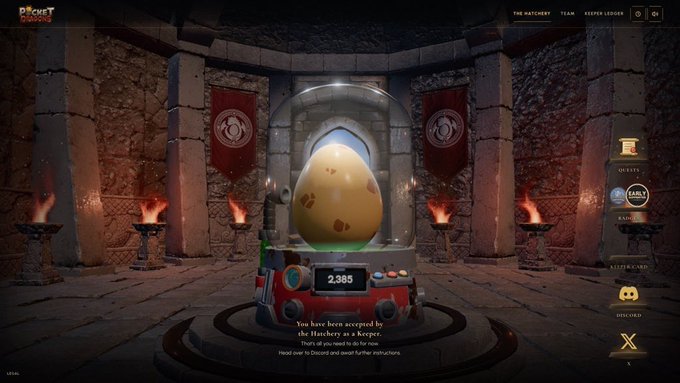 The image shows a promotional screenshot from the game "Pocket Dragons" featuring a large dragon egg encased in a glass dome with a display reading "2,385," and text announcing "You have been accepted by the Hatchers as a Keeper," teasing an upcoming hatchery event teased in the accompanying post.