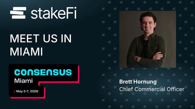 A promotional graphic with the 'stakeFi' logo and text 'MEET US IN MIAMI' alongside the 'consensus Miami | May 5-7, 2026' logo, featuring a photo of Brett Hornung, Chief Commercial Officer.