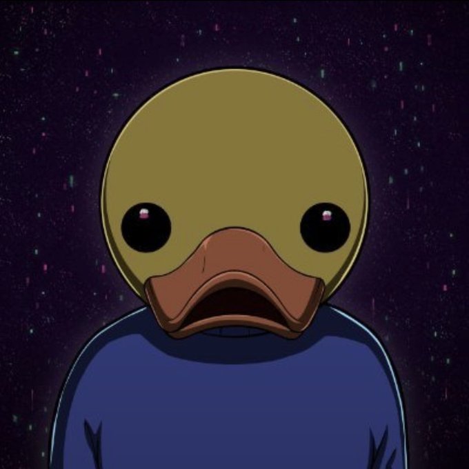 An animated illustration depicts a character wearing a duck mask with large, glossy eyes against a dark, sparkly purple background.