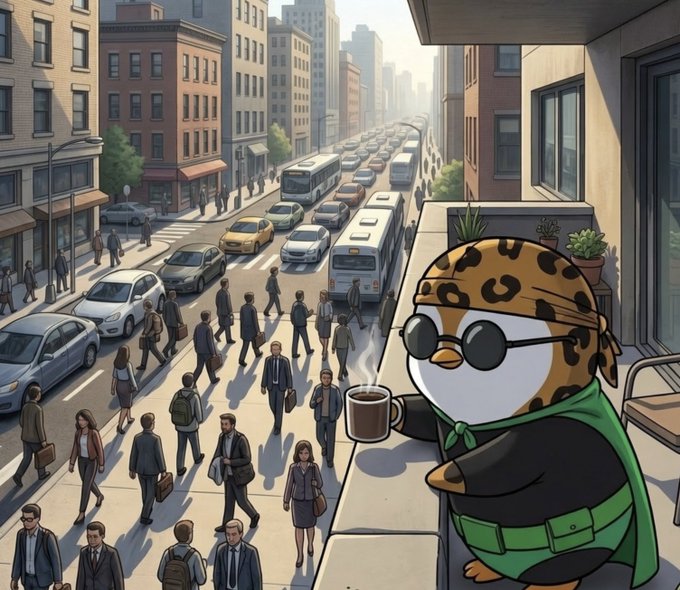 A cartoon illustration of a penguin wearing a leopard-print bandana, sunglasses, and a green outfit, holding a coffee mug on a balcony overlooking a busy city street filled with people and traffic.