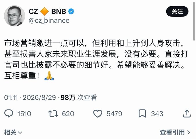 A tweet from CZ (Changpeng Zhao, @cz_binance) dated 2026/8/29 reads: "市场营销激进一点可以，但利用和上升到人身攻击，甚至损害人家未来职业生涯发展，没有必要。直接打官司也比披露不必要的细节好。希望能够妥善解决。互相尊重！" The image relates to the accompanying post by showing CZ's measured, non-confrontational response that contrasts with Sun Yuchen's aggressive marketing tactics, generating significant engagement (98万 views, 5,479 likes) that demonstrates how CZ's single comment captured the online traffic.